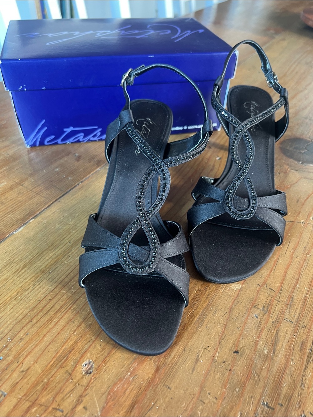 Y2K Metsphor Black Embellished T-Strap  Open-toed Women’s Slingback HeelsSz 7.5